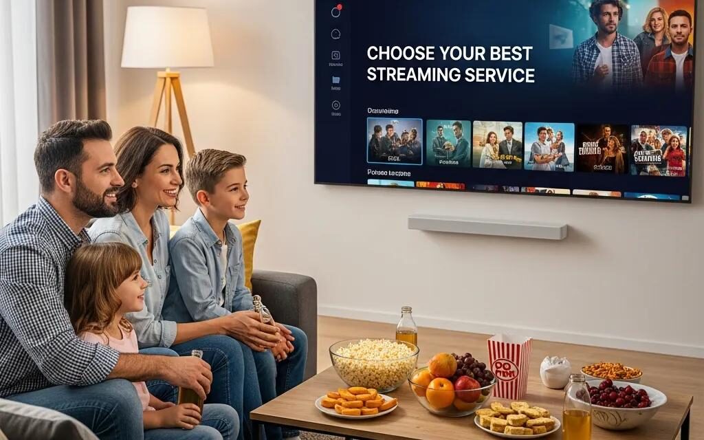 Family enjoying a cozy living room while selecting a streaming service on a TV, with snacks and drinks on the table.