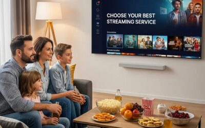 Family enjoying a cozy living room while selecting a streaming service on a large TV screen displaying various movie and show options.