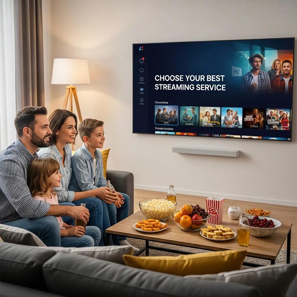 Family enjoying a streaming TV service in a cozy living room setting