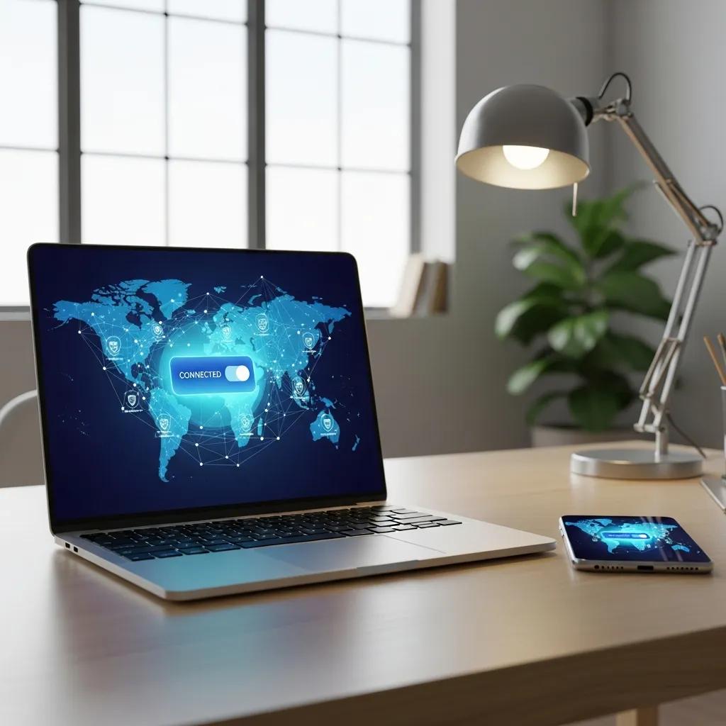 Laptop and smartphone displaying a VPN application with a world map, emphasizing connected status and privacy for streaming.