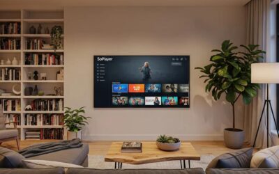 Modern living room featuring a TV displaying the Soplayer interface, emphasizing IPTV streaming experience, with a cozy seating area and decorative plants.