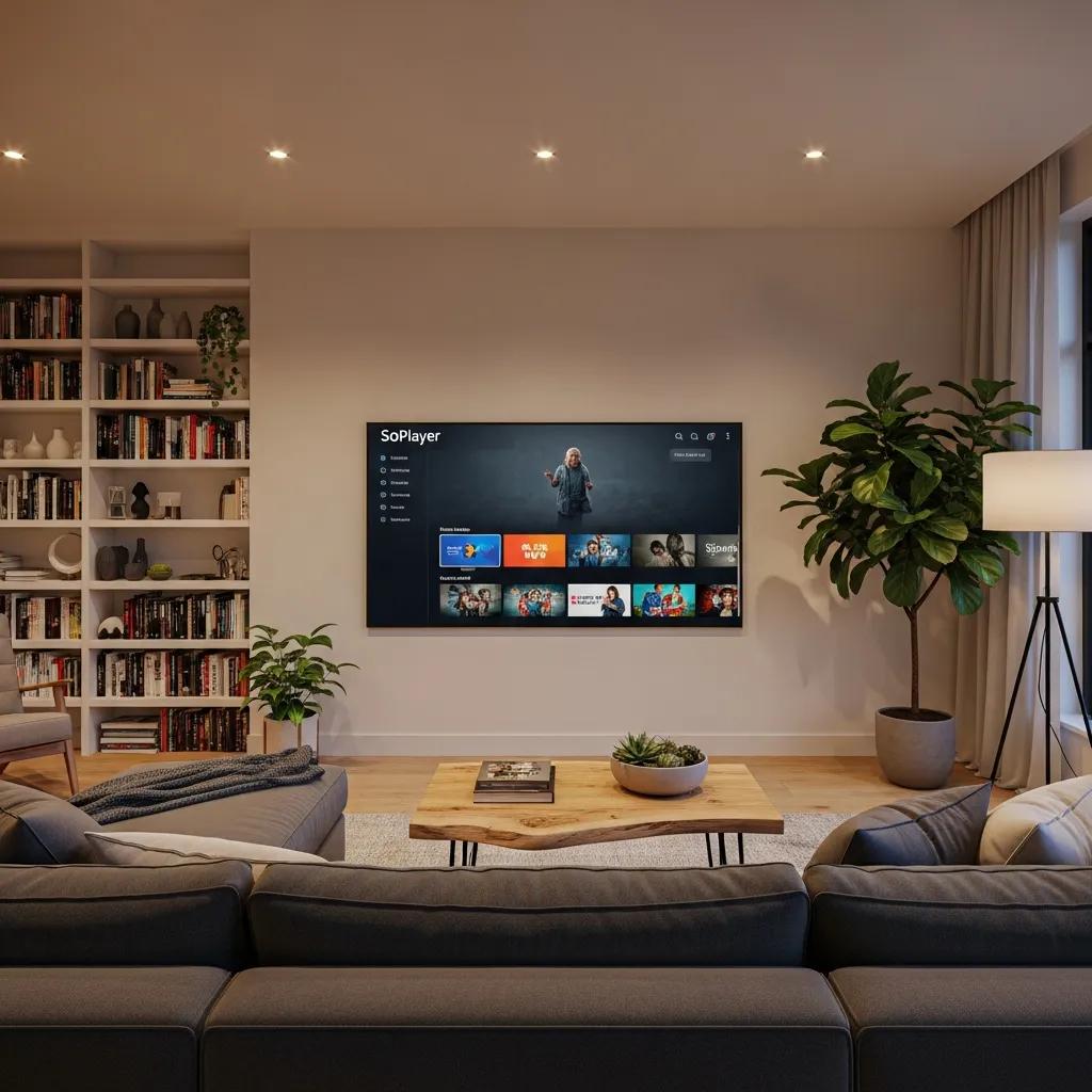 Modern living room with a TV displaying SoPlayer interface, highlighting IPTV streaming experience