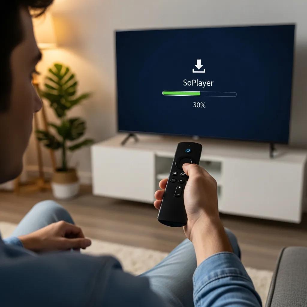 Person using a remote control to download SoPlayer on a television, with a progress indicator showing 30% completion, in a cozy home setting.