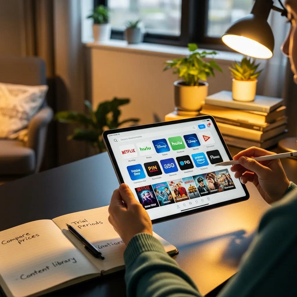 Person researching affordable streaming TV options on a tablet, displaying app logos like Netflix and Hulu, with a notebook featuring notes on comparing prices and trial periods, in a cozy home office setting.