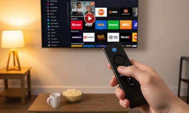 Person using Firestick remote to navigate IPTV player on TV in a cozy living room setting with popcorn and a cup on the table.