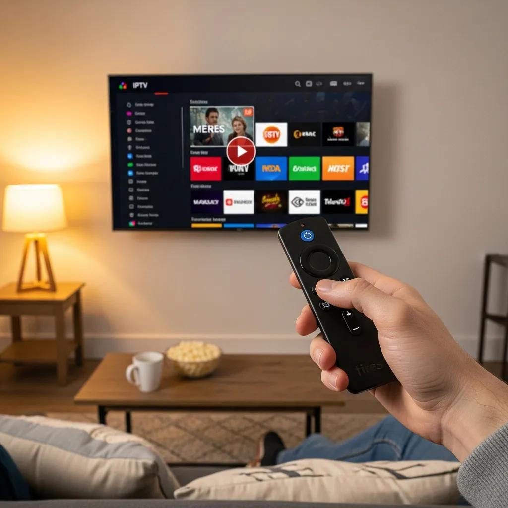 Person using Firestick remote to navigate IPTV player on TV in a cozy living room setting with popcorn and a coffee cup on the table.