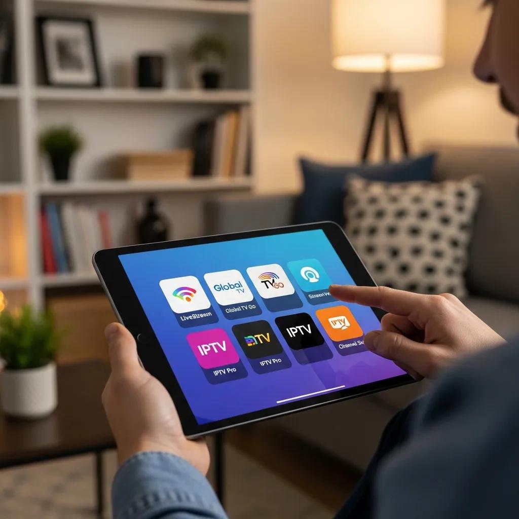 Tablet screen showing several IPTV player app icons in a living room setting